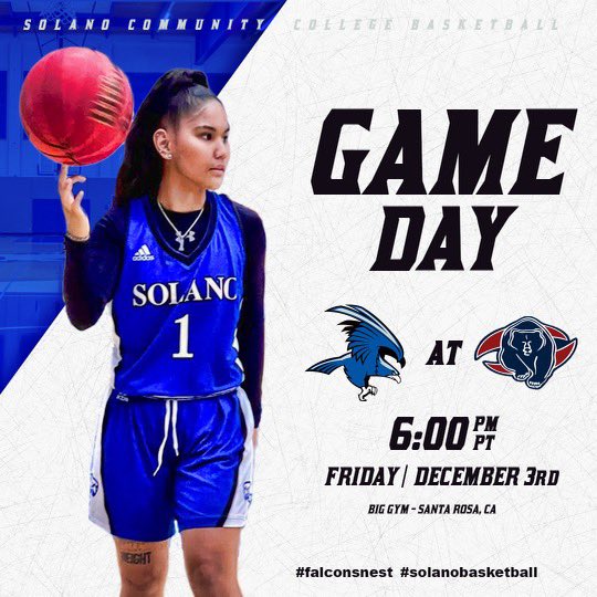 SolanoAthletes's tweet photo. GAME DAY!! Women’s Basketball takes on Santa Rosa on the road. 

📍 SRJC 

⏰ 6:00 pm

#protectthenest #gofalcons #solanobasketball https://t.co/pRFtTFungL