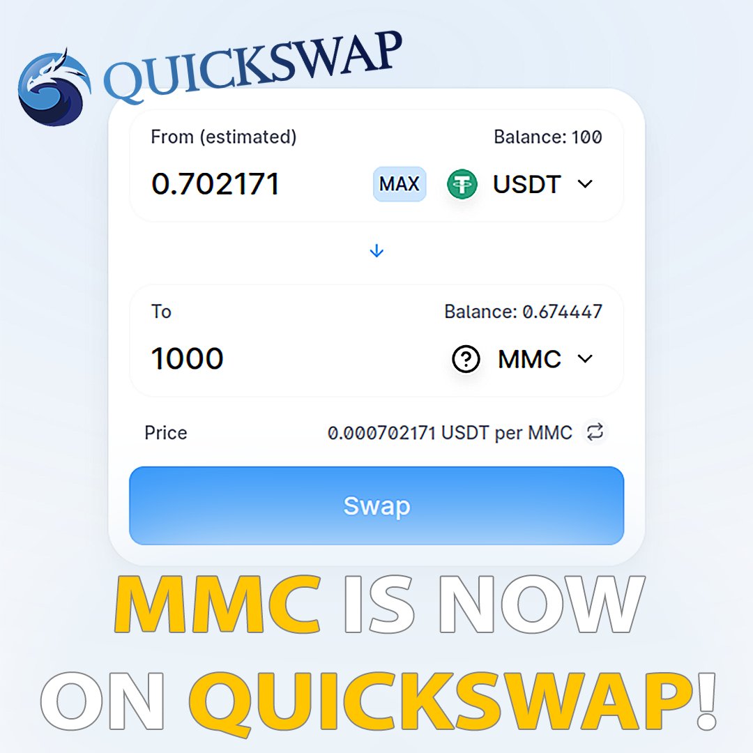 miningclubapp's tweet photo. 🚀MMC is now on QuickSwap DEX 🚀

Follow official links in Discord to prevent scams! https://t.co/CEHQ5EZ9UG https://t.co/duocuwOZ48
