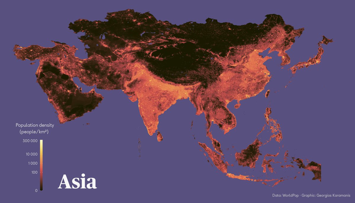 Population density map of Asia in the style of the Africa map I did a week  ago. Used the same palette and pseudologarithmic transformation but the  highest density here is much higher (, image size:1200x686