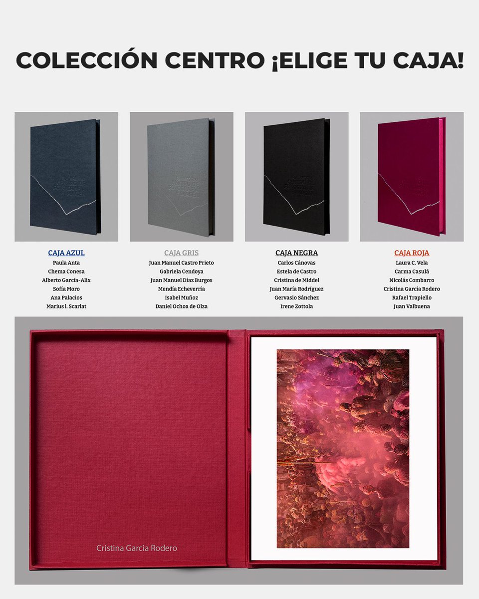 CAJAS > COLECCIÓN CENTRO

Fotografías para un sueño.
4 cajas. 6 fotografías en cada caja.
12 fotógrafas. 12 fotógrafos.

¡Elige tu caja! ¡Impulsa tu Centro!

sites.google.com/view/centrodef…