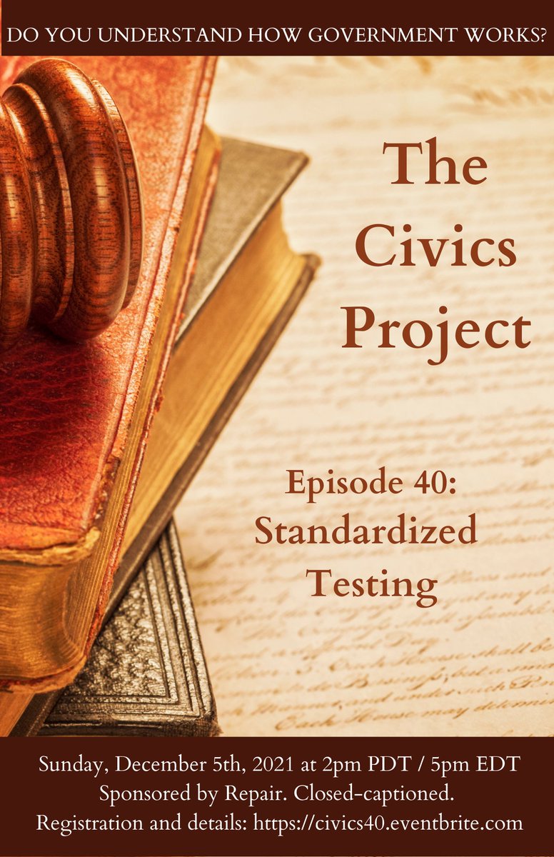 Repair_events's tweet photo. How do standardized tests affect kids?

Join us on Sunday, December 5th at 2 pm PDT/5pm EDT for Episode 40: "Standardized Testing"
Registration and details:
https://t.co/wx19Ifej2u

Close-captioned.

#sat #act #testing #education #civics #standardizedtesting #government #schools https://t.co/ZrjY0cugr1