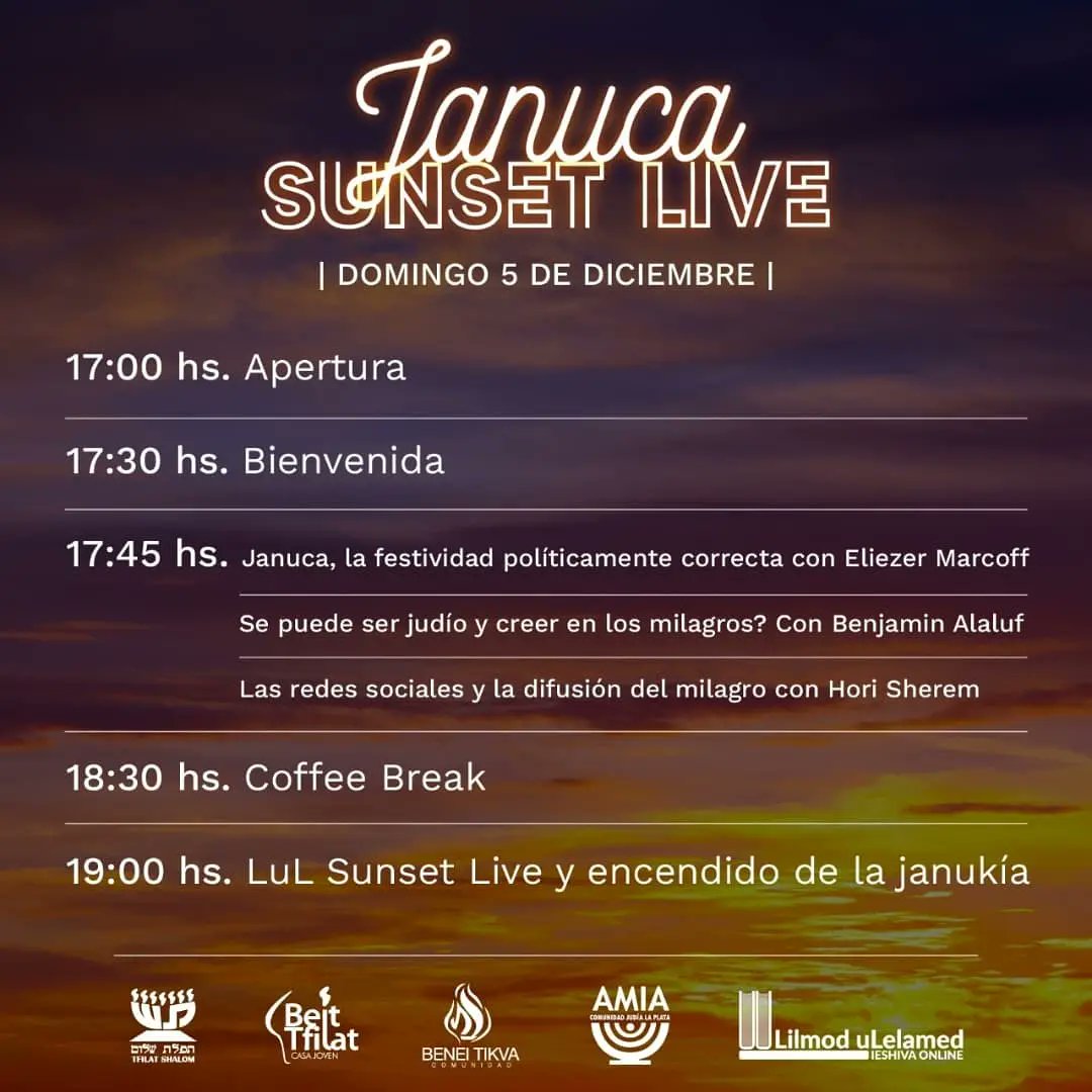 lilmod_ulelamed's tweet photo. JANUCA SUNSET LIVE 🌅 Cambio de horario❗

Este domingo 5/12 desde las 17 hs en Vidal 2049, vamos a disfrutar de clases, comida judía, conocer gente, música en vivo y mucho más... Transmitiremos por Twitch una nueva emisión de #LulNightLive.

Anotate en 👉 https://t.co/SVXG1qnwFR https://t.co/vyyOWPmXLP