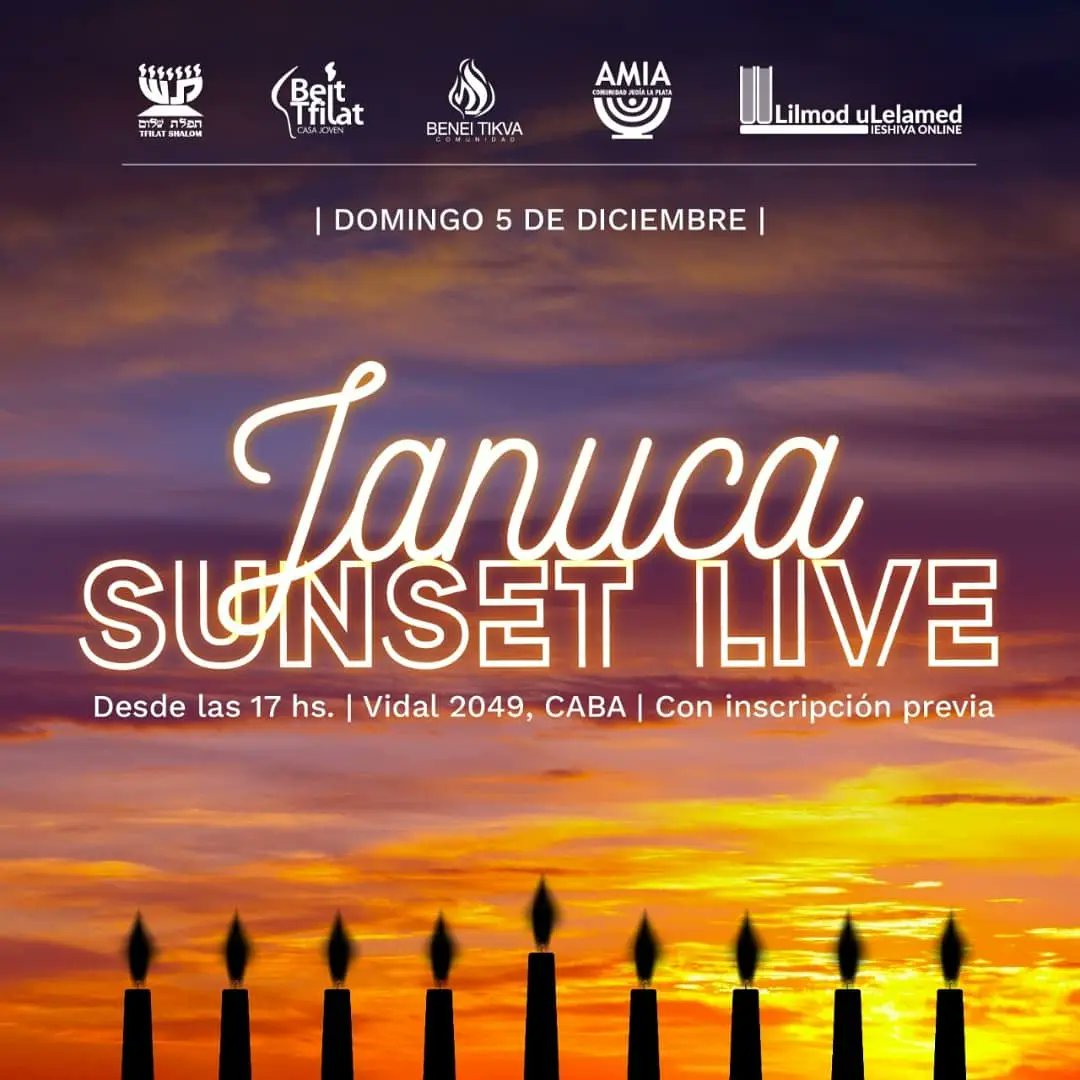 lilmod_ulelamed's tweet photo. JANUCA SUNSET LIVE 🌅 Cambio de horario❗

Este domingo 5/12 desde las 17 hs en Vidal 2049, vamos a disfrutar de clases, comida judía, conocer gente, música en vivo y mucho más... Transmitiremos por Twitch una nueva emisión de #LulNightLive.

Anotate en 👉 https://t.co/SVXG1qnwFR https://t.co/vyyOWPmXLP