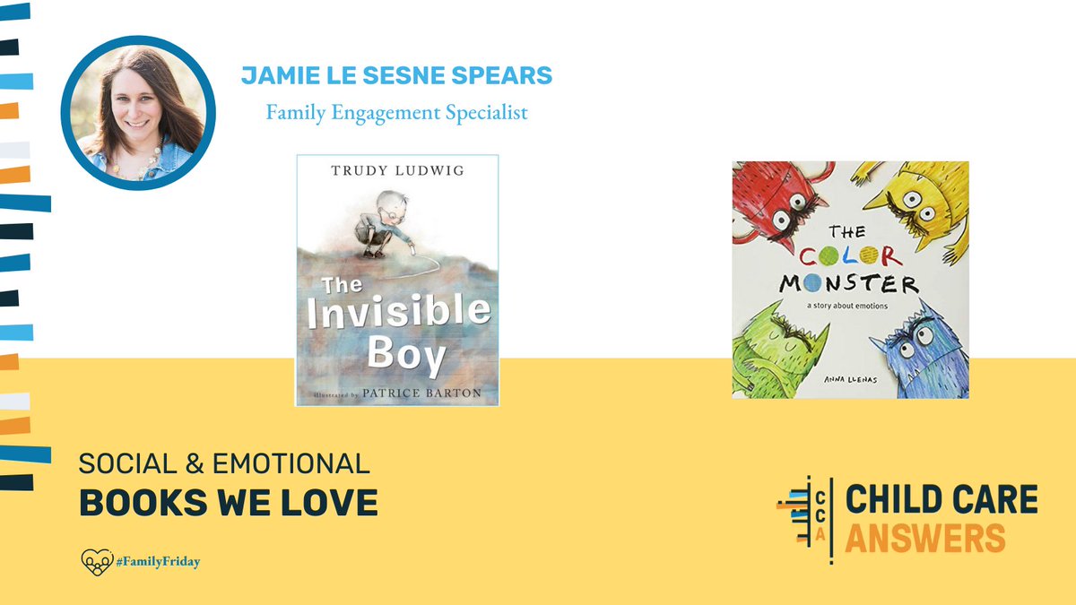 ChildCareAnswer's tweet photo. #FamilyEngagement specialist, Jamie Le Sense Spears, is our resident expert on #preschool #SocialEmotional development. Her favorite books on this topic are #TheInvisibleBoy by @TrudyLudwig and #TheColorMonster by Anna Llenas. #KidLit #FamilyFriday #EarlyLiteracy https://t.co/V3il2Cq9eO