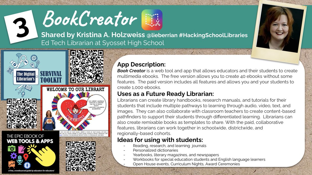 shannonmmiller's tweet photo. Day 3 of the 25 Days of Digital Tools and Apps from Future Ready Librarians® is Here, Friends! 🎉

Learn about @BookCreatorApp with our friend @lieberrian for Day 3. 📚

 https://t.co/8riAzXBWlM

#futurereadylibs #tlchat #futureready #edchat #edtech #ISTElib https://t.co/9f2hA1nHHE