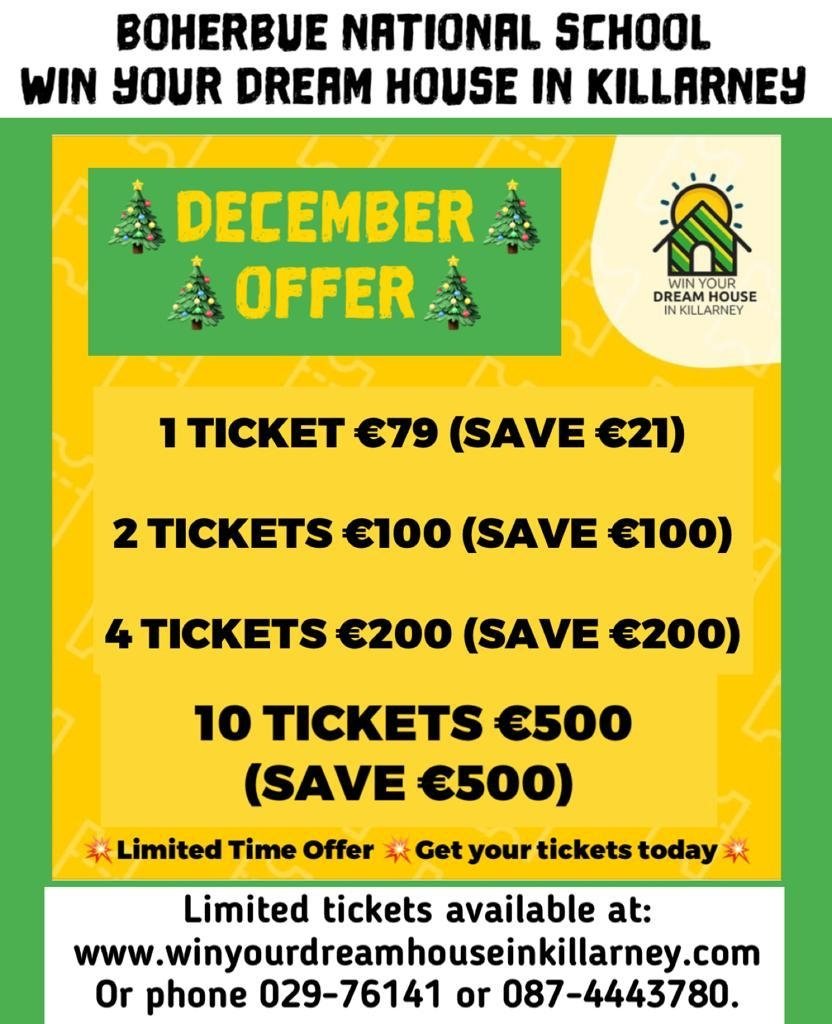 BoherbueNS's tweet photo. 🌲 Christmas Offer 🌲

Buy 2 tickets for €100 to win your dream house in Killarney! A great Christmas present to give someone.

Draw takes place on the 3rd January 2022.

Get them before they're gone ⤵️

https://t.co/VMEn6wPQtB https://t.co/TyMVdtDoHi