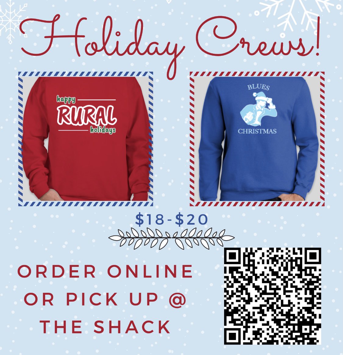 Happy Rural Holiday’s! With winter break right around the corner, we are introducing our new holiday crewnecks! Get yours at the Shack or order online now and pick up in store Monday!