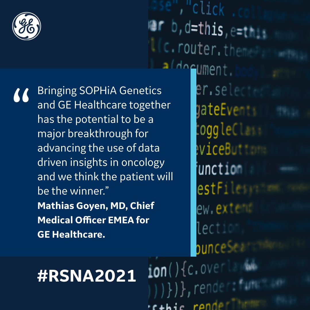 GEHealthCare's tweet image. In a strategic partnership between @GEHealthcare and @SOPHiAGenetics, a joint symposium presented at RSNA 2021 was created to examine solutions and multimodal analytics to healthcare providers and biopharma companies. #RSNA21 #GEHealthcare