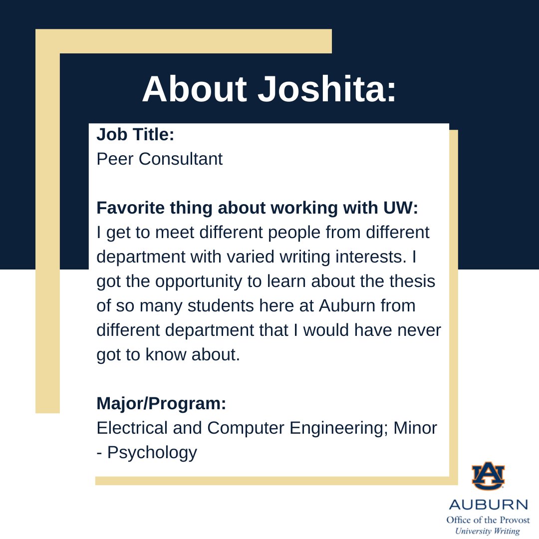 UnivWritingAU's tweet photo. Today we're putting consultant Joshita in the University Writing Spotlight! Scroll through these images to learn more about her. #UniversityWriting #AuburnUniversity #Auburn #WritingAtAU #auburnuniversity https://t.co/fda79XgUHb