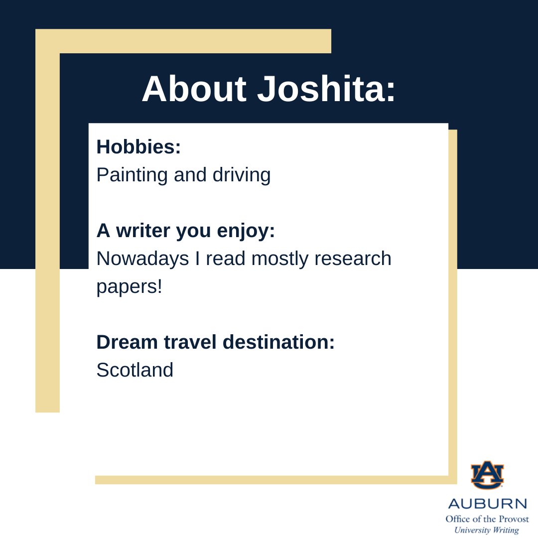 UnivWritingAU's tweet photo. Today we're putting consultant Joshita in the University Writing Spotlight! Scroll through these images to learn more about her. #UniversityWriting #AuburnUniversity #Auburn #WritingAtAU #auburnuniversity https://t.co/fda79XgUHb