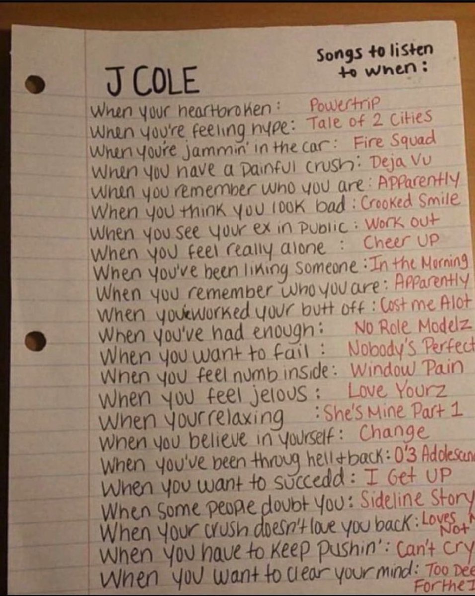 FransNielsen's tweet photo. i was having a really bad day, then i remembered this handy list of j.cole songs i made for any situation….

then i got a promotion, won the lottery, and saved a stray cat’s life on the way home from work. THANK YOU J. COLE!!! https://t.co/2RKydnhpvY
