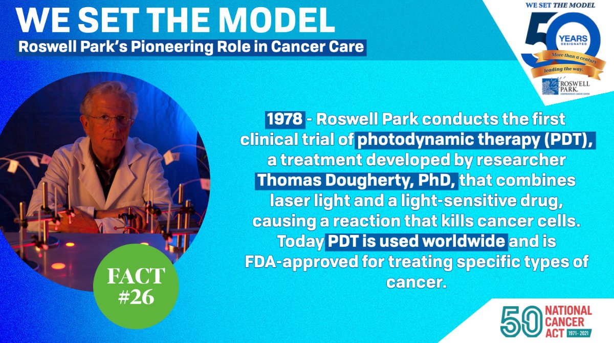 RoswellPark's tweet photo. PDT is now a standard treatment for many types of cancers, and it was developed by researchers at Roswell Park. 

We continue our celebration of the NCA's 50th anniversary with our next #WeSetTheModel fact. To learn more visit: https://t.co/0zWTIJTnti
#NothingCanStopUs https://t.co/lOBjTnl3a2