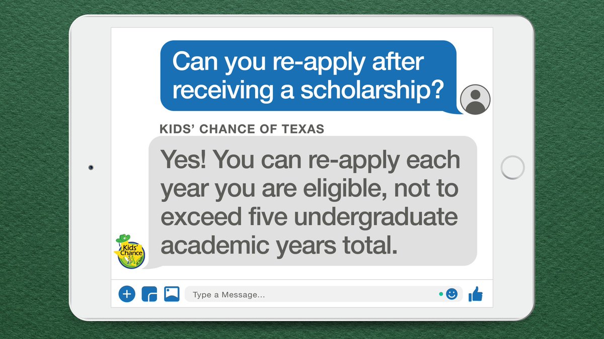 KidsChanceTX's tweet photo. #FAQFriday Wondering if you can re-apply after receiving a Kids' Chance of Texas scholarship? The answer is YES! You can re-apply each year you are eligible, not to exceed five undergraduate academic years total.

#KidsChance #Scholarships https://t.co/iyyWQP3uF0