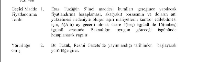 akkorlu's tweet photo. Akaryakıt fiyatlandırmasında geçici düzeneme...
6 ay geçerli olmak üzere 5 ile 15 işgünü arasında bakanlığın uygun göreceği işgünü arasında akaryakıt fiyatlar belirlenecek... https://t.co/TPGopGe5oK