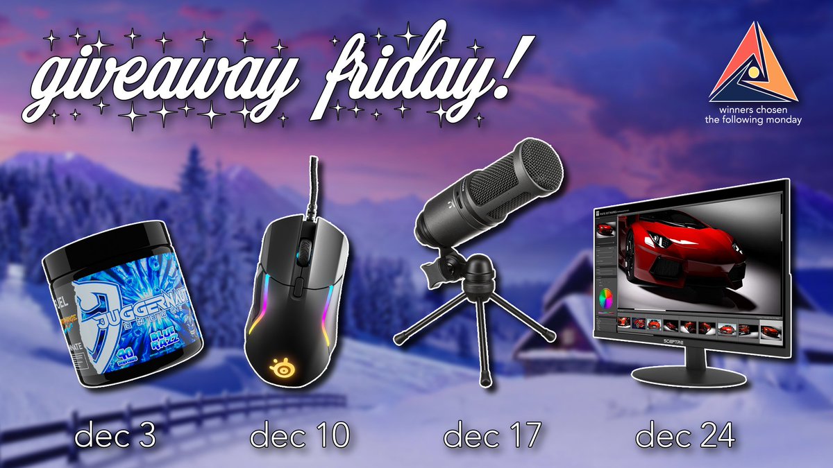SunsApricity's tweet photo. Hey APR fam! 
Every Friday before Xmas, we're giving away some products that we LOVE.

1. @Juggernaut Blue Razz
2. @SteelSeries Rival 5 Mouse
3. @USAudioTechnica AT2020 Mic
4. @SceptreDisplay E248W-FPT Monitor

All you have to do to enter is toss us a follow and like THIS tweet! https://t.co/aiwf9Ip7I6