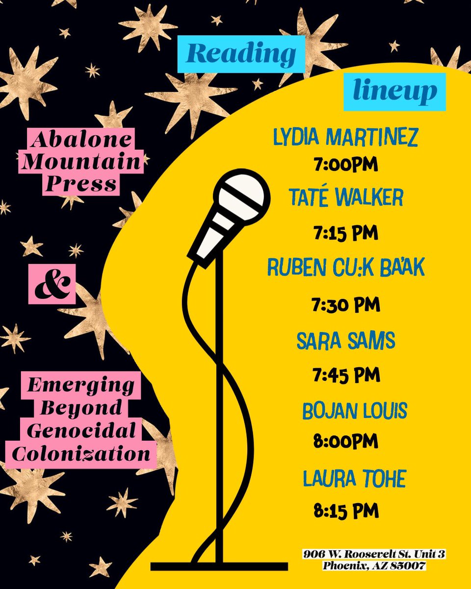 AbaloneMountain's tweet photo. Our first in person reading is tonight! ๐ค this reading is in collaboration with @emerging_beyond_colonization ๐ค#phoenixfirstfriday https://t.co/e2UMcijUGO