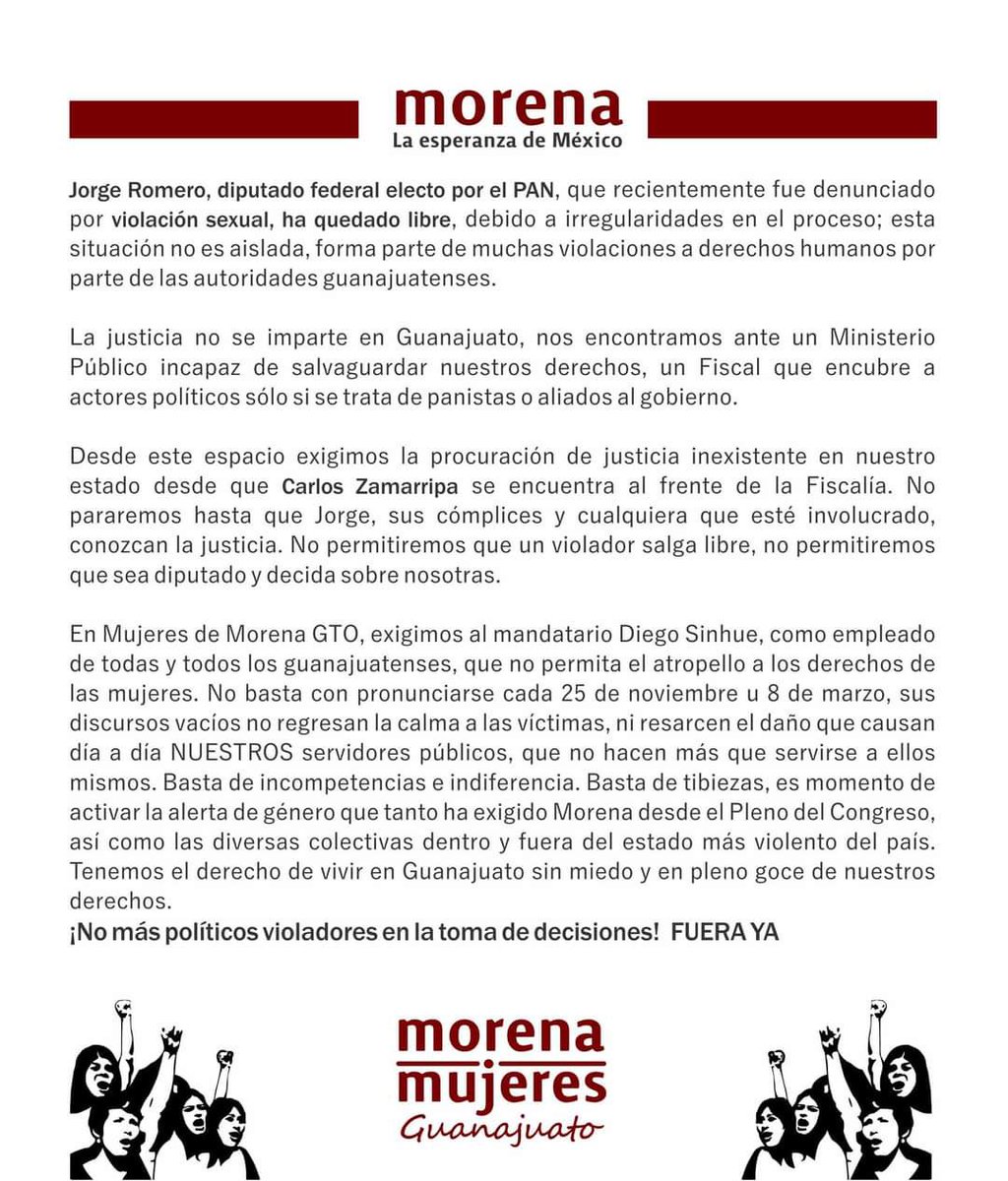 RedFeministaT's tweet photo. Exigimos que no haya más violadores involucrados en la toma de decisiones.

La fiscalía de Guanajuato pretende dejar impune el caso del diputado Panista Jorge Romero bajo argumentos revictimizantes. No podemos permitirlo. https://t.co/LNR6bWhkLi