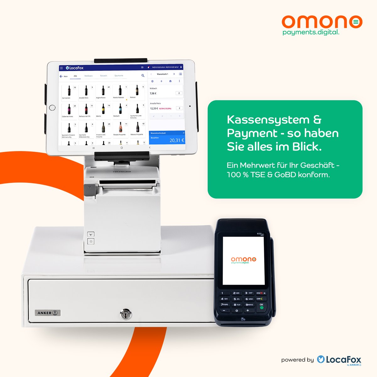 omono_payments's tweet photo. Neben unseren smarten omono #Payment-Paketen können Sie jetzt ein intelligentes Kassenbundle von unserem Partner @LocaFoxPos, mit integrierter #Cloud-Software, für sich und Ihr Geschäft auswählen.
Nie war Verkaufen #einfacher! 
#digital #POS #ANKER #LocaFox #omono #omonopay https://t.co/yVZ7PpFylN