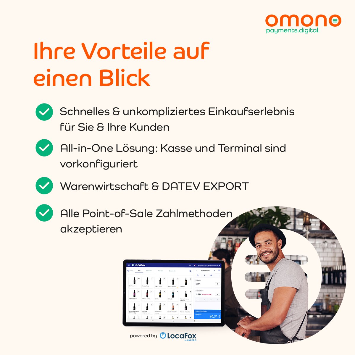 omono_payments's tweet photo. Neben unseren smarten omono #Payment-Paketen können Sie jetzt ein intelligentes Kassenbundle von unserem Partner @LocaFoxPos, mit integrierter #Cloud-Software, für sich und Ihr Geschäft auswählen.
Nie war Verkaufen #einfacher! 
#digital #POS #ANKER #LocaFox #omono #omonopay https://t.co/yVZ7PpFylN