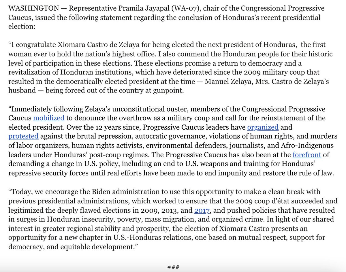 USProgressives's tweet photo. The Honduran people have elected a new president in a historic election — and presented the United States with an opportunity to reset our countries' relationship.

Our chair @RepJayapal is calling for a clean break from previous administrations' policies toward Honduras ⬇️ https://t.co/QnfOsedUXy