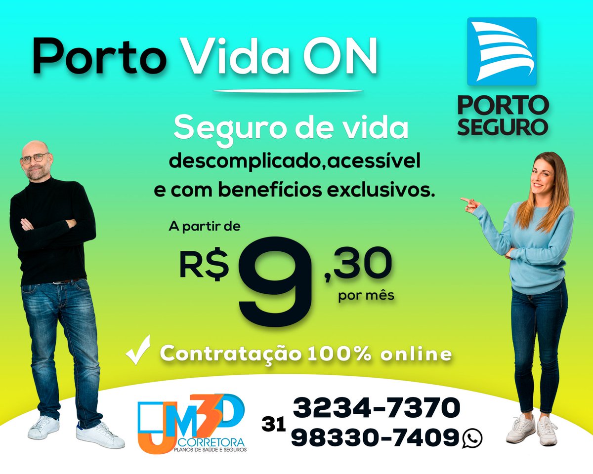 PORTO VIDA ON - a partir de R$9,30 por mês.
.
JM3D - A sua Corretora de Confiança
📞31 - 3234-7370
📲31 - 99679-0725 - wpp
📧seguros@jm3dcorretora.com.br
📧beneficios@jm3dcorretora.com.br
🌐jm3dcorretora.com.br