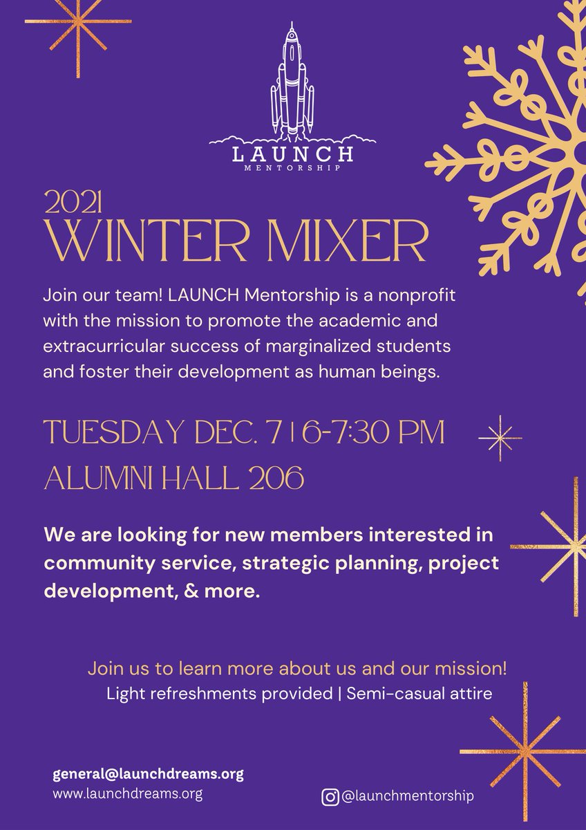 LAUNCHMentoring's tweet photo. Presenting the 2021 LAUNCH Mentorship Winter Mixer! Come learn more about LAUNCH Mentorship and how you can become involved at our Winter Mixer next Tue, Dec. 7 from 6 - 7:30pm at Alumni Hall 206. The mixer is free entry and light refreshments will be provided. See you there! ❄️ https://t.co/Bmowhkns0w
