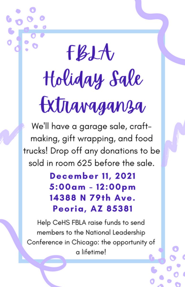 PeoriaCTE's tweet photo. Centennial FBLA is hosting a garage sale at Centennial HS on Sat. Dec. 11th to raise funds to support FBLA students to compete at the national championship in Chicago in June.
More information can be found at https://t.co/AW4oJNdOoV
#PeoriaCTE #PeoriaUnified #PUSD11 #CTSO #FBLA https://t.co/cULBgkPPJ2