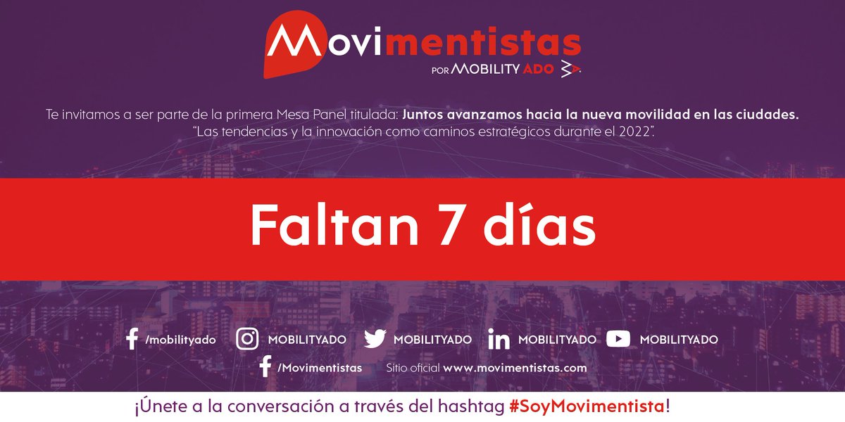 MOBILITYADO's tweet photo. Acompáñanos el próximo 10 de diciembre en nuestra #MesaPanel: Juntos avanzamos hacia la nueva movilidad en las ciudades. “Las tendencias y la innovación como caminos estratégicos durante el 2022” como parte del dialogo en torno a beneficios para la movilidad. https://t.co/csfSDIhHCs