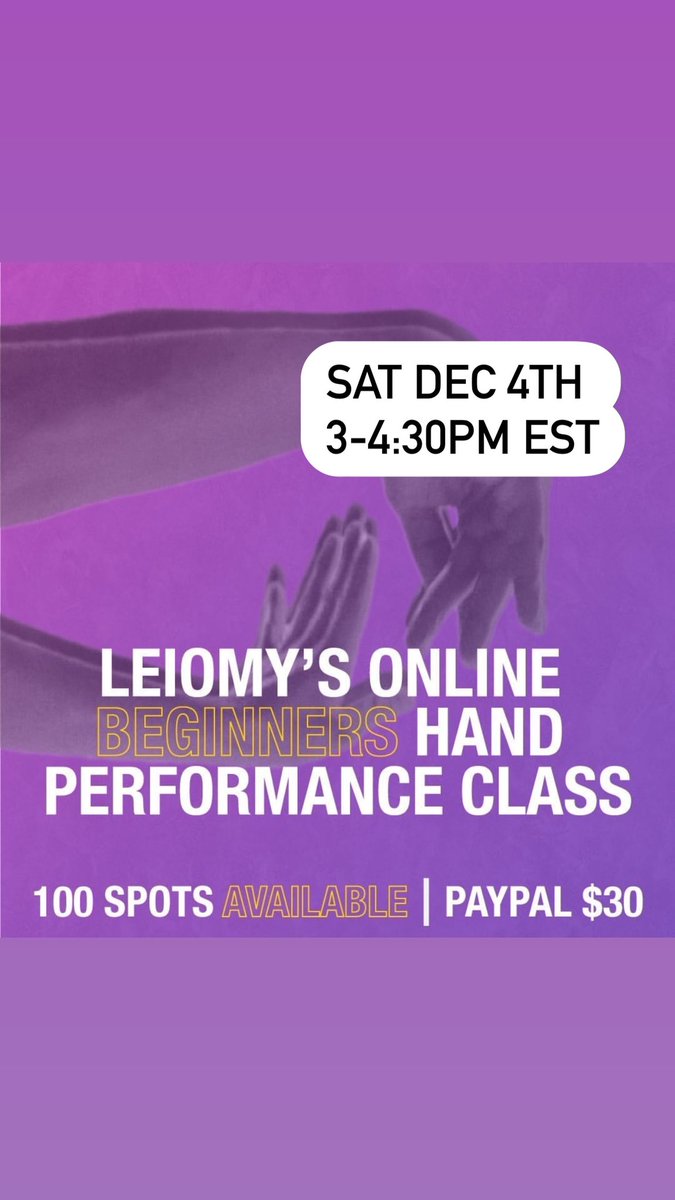 leiomy's tweet photo. PLEASE READ FULL POST !!!
Online Hands Performance for Beginners send $30 via PayPal to Leiomybookings@gmail.com then send screenshot of receipt to dancewithleiomy@gmail.com for Zoom link
#leiomy #vogueclass #icon #leiarmy #handsperformance https://t.co/86neTuAb5N