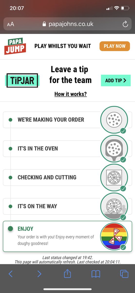 UK_Hoosier's tweet photo. @PapaJohnsUK there’s zero point having a ‘track your order’ feature when the venue lie and say it’s been delivered 30 mins ago, so they hit their delivery time targets. Just refuse orders or give a refund. #1hr20minsAndCounting https://t.co/GO0ty7o7pb