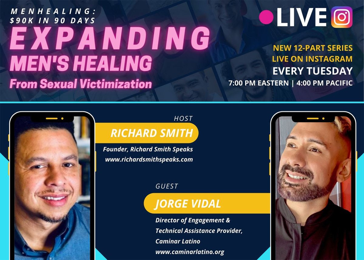 MenHealingOrg's tweet photo. Expanding Men's Healing From #SexualVictimization - Episode 09 - Jorge Vidal, Caminar Latino
This Instagram Live Series features discussions about innovative approaches for healing from #SexualTrauma.
https://t.co/RsEgrNAmTP
#MaleSurvivors #BeyondSurvival https://t.co/0XZGMDaQ9p
