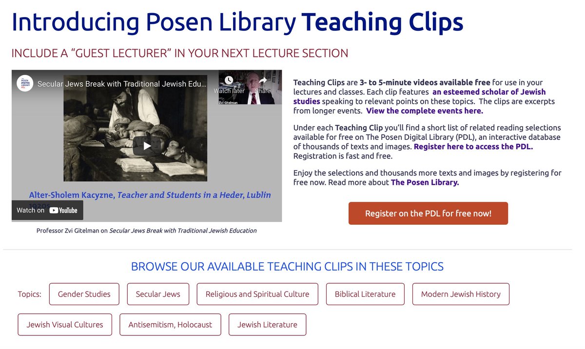 PosenLibrary's tweet photo. Looking for new ways to stimulate classroom discussion?

Posen Teaching Clips bring renown scholars to your classroom for 3-5 minutes FREE at the click of a button, sharing primary source texts from across the spectrum of historical Jewish culture.  

https://t.co/jqwtPYLayT https://t.co/ucjMiBZ0i1