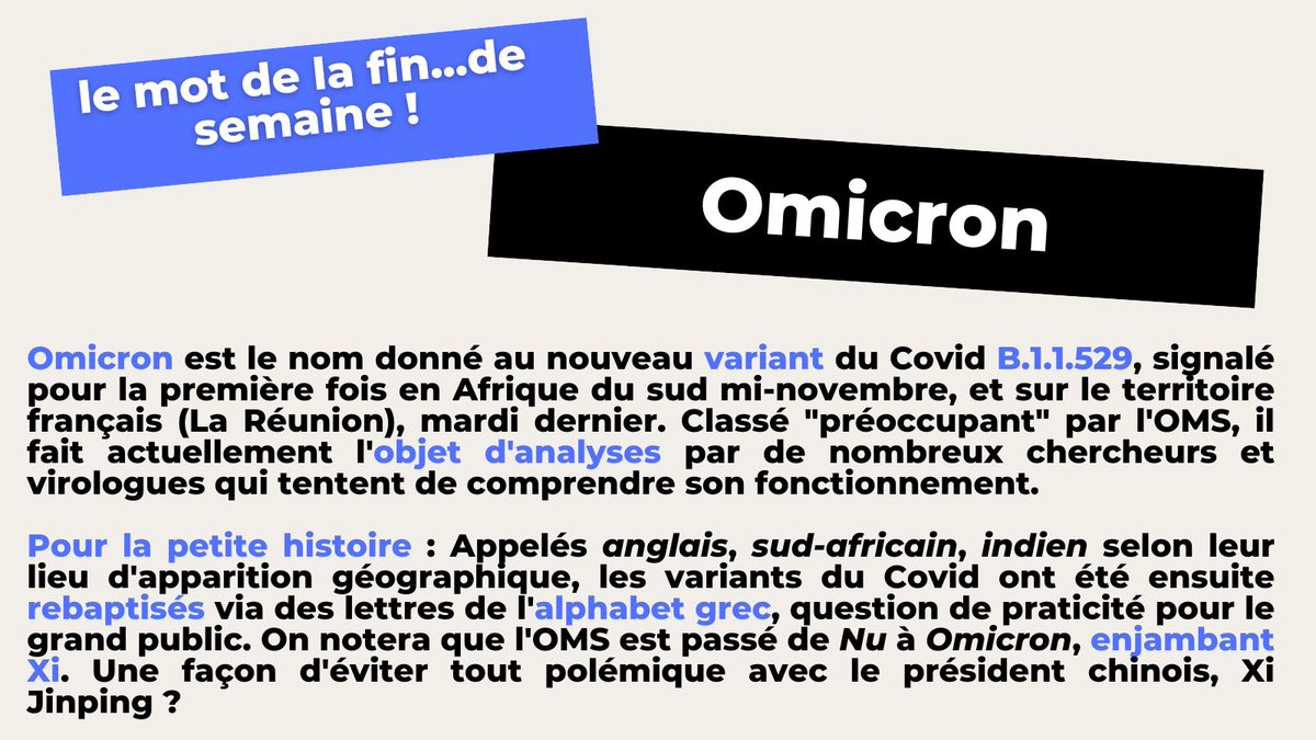 CHUMEDIA_'s tweet photo. 🚨Le mot de la fin... de semaine !📖

Chaque vendredi, @RESEAUCHU s'arrête le temps d'un post sur un mot issu de l'actualité santé ou découvert dans les couloirs d'un CHU🏥

S17➡️#Omicron, à la une de nombreux médias dans le monde et qui s'est invité en pleine 5e vague en France https://t.co/zqPa3TljX0