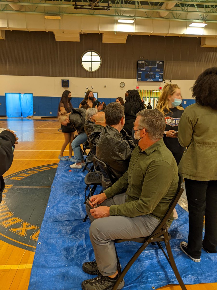 FoxboroughRCS's tweet photo. #FalconPride all around! 
A few of our @FoxboroughRCS  High School teachers &amp; staff - along with Mr. Cournoyer and @LuisSoriaFRCS  agreed to being pied during this afternoon's pep rally! 🥧 It's been a great Spirit Week at the High School! #WeAreFRCS @FRCS2022 https://t.co/ZoLDWzBJuf