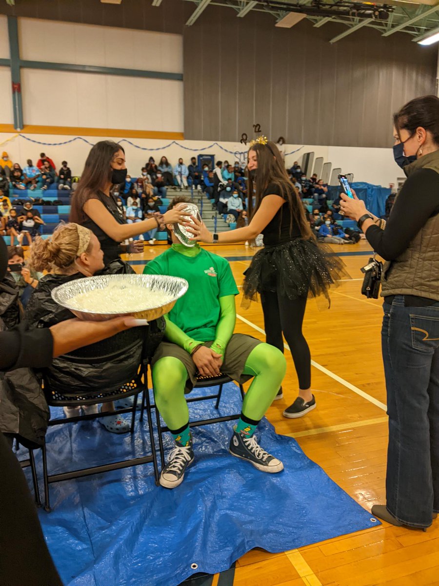FoxboroughRCS's tweet photo. #FalconPride all around! 
A few of our @FoxboroughRCS  High School teachers &amp; staff - along with Mr. Cournoyer and @LuisSoriaFRCS  agreed to being pied during this afternoon's pep rally! 🥧 It's been a great Spirit Week at the High School! #WeAreFRCS @FRCS2022 https://t.co/ZoLDWzBJuf