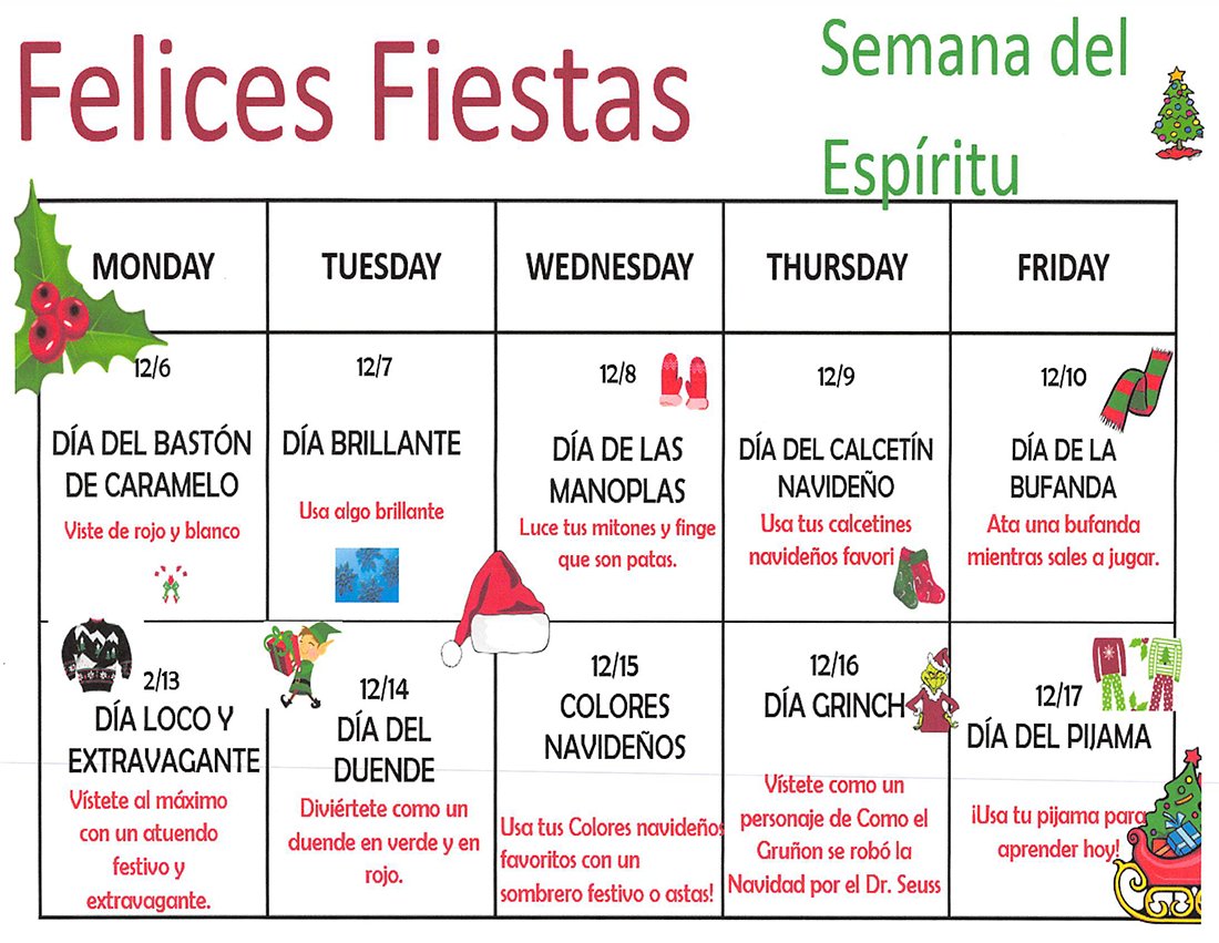 DelcoElementary's tweet photo. 🚨 ATENCIÓN 🚨 Corriendo por la nieve, riendo todo el tiempo ... ¡Estamos en el espíritu! Vea a continuación nuestras actividades de la Semana del Espíritu del 6 al 17 de diciembre: https://t.co/8Q1j1b7A6E
