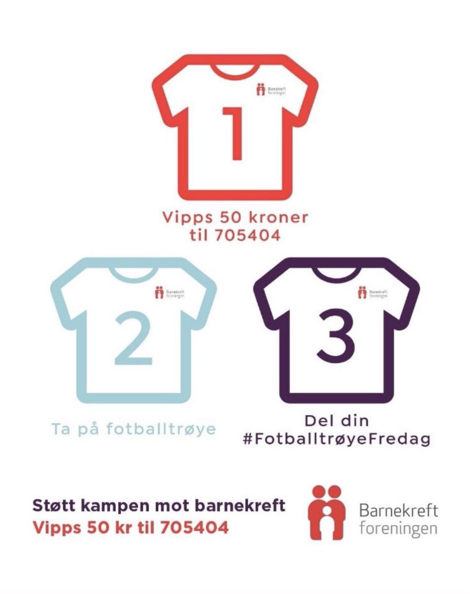 #Fotballtrøyefredag 

Støtt kampen mot barnekreft med 50,- eller valgfritt beløp. Vipps: 705404