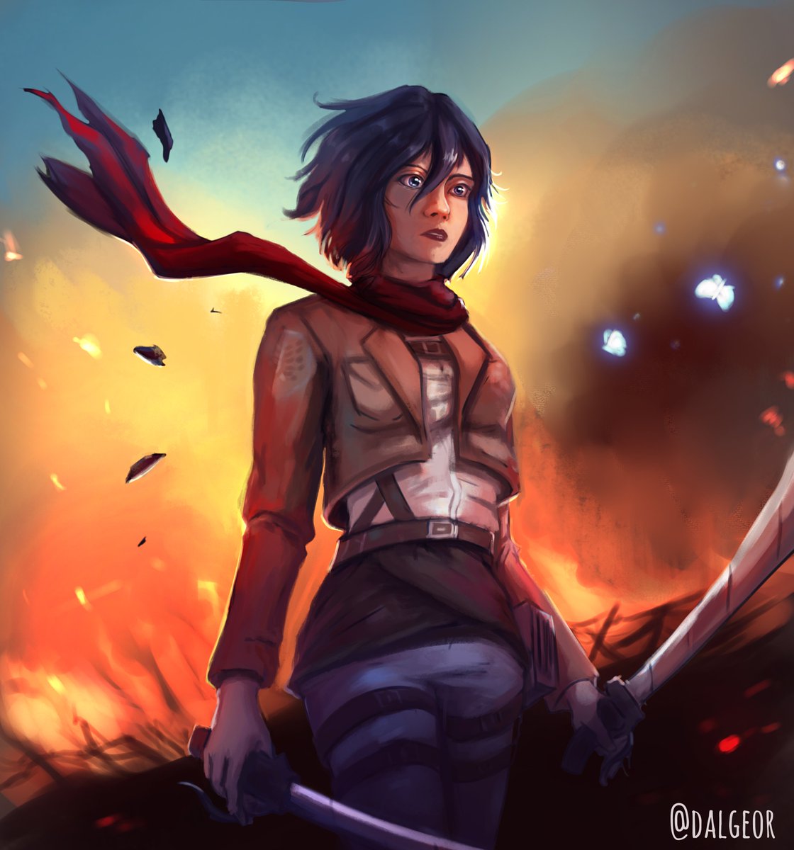 Dalgeor's tweet photo. Fierce Mikasa. 
A draw over of one of my first fanarts of Attack on Titan 
#eremika #aotfanart #AttackOnTitan #attackontitanfanart #mikasaackerman #ErenJaeger https://t.co/Ik5rHyAdvn