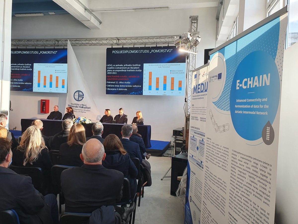 echain_interreg's tweet photo. E-CHAIN project presented at the Faculty Day of the Faculty of Maritime Studies in Rijeka
Faculty Day was organized in the newly renovated premises of the Torpedo educational workshop. Students, seafarers and other visitors were introduced to the E-CHAIN project objectives. https://t.co/DpHo0boAno