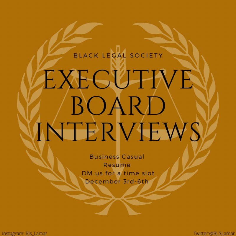 BLSLamar's tweet photo. Are you interested in joining Black Legal Society’s eboard? We will be having eboard interviews today through Monday. Please dm for more information and a time slot👨🏽‍⚖️👩🏽‍⚖️ https://t.co/6Ttpqbykee
