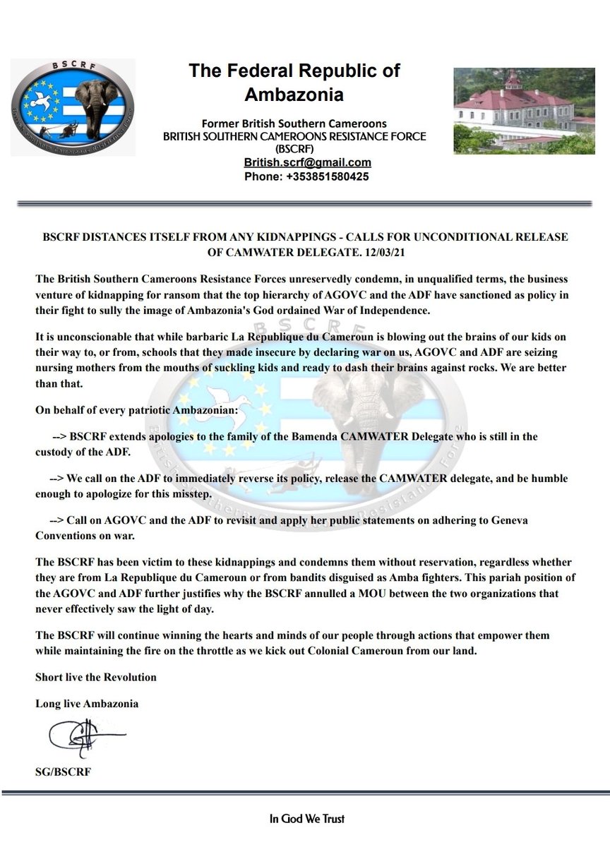 BSCRF1's tweet photo. BSCRF has distanced
itself from the kidnapping posture adopted by ADF/AGOVC of @Ayabacho. Further, BSCRF has dissociated itself &amp; nullified a 2019 MOU that was established between the AGOVC/ADF &amp; BSCRF. @ChoAyaba @sisiku_ayuktabe @CoalitionFDN @TeamAmbazonia https://t.co/PKy8736F4O
