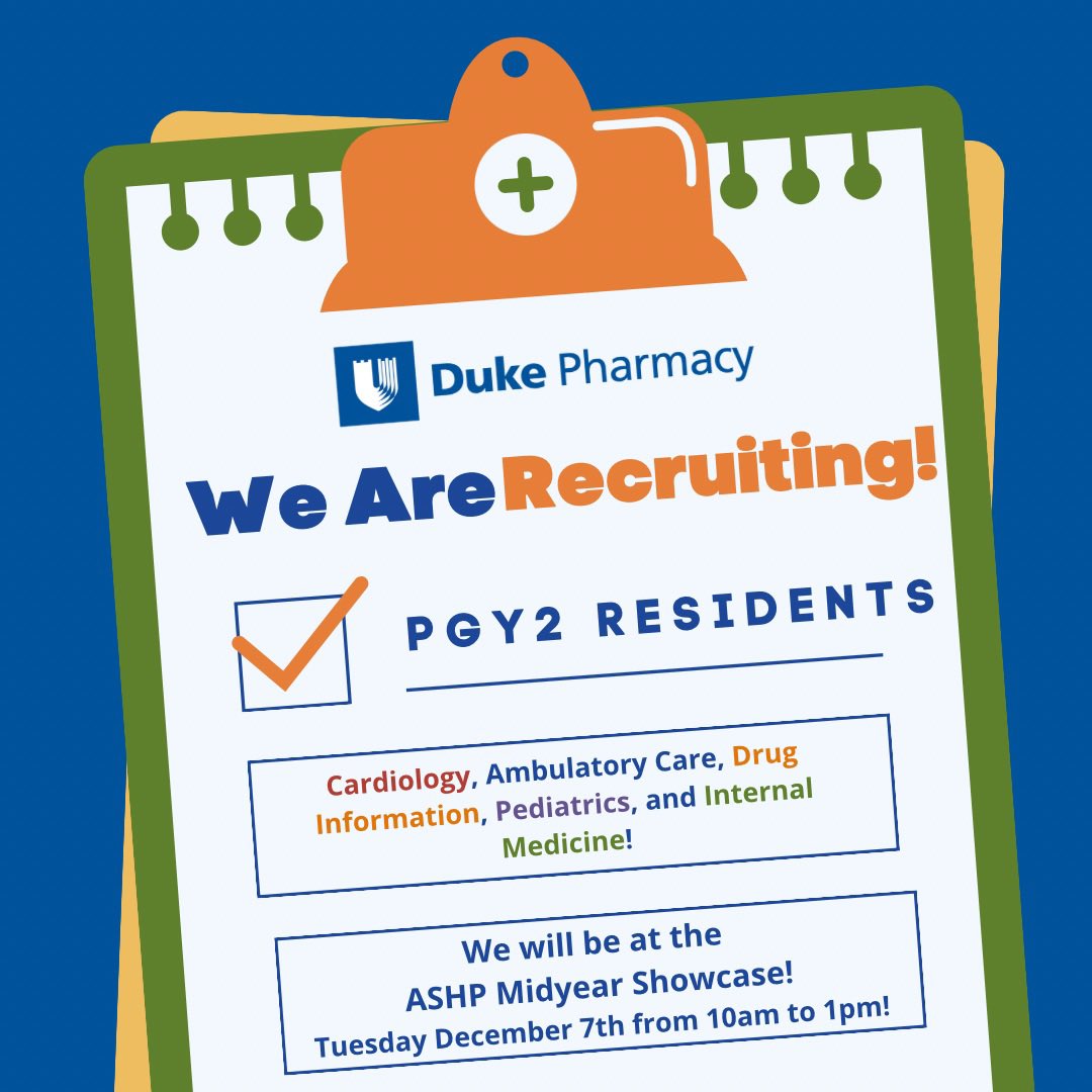 dukerxresidency's tweet photo. Hey Twitter! 👋 We are seeking applicants for several of our PGY2 programs, including cardiology 🫀, ambulatory care 💊, drug information ℹ️, pediatrics 👶, and internal medicine 🧑‍⚕️! Interested? Send us a DM and we will get you in touch with the RPD! #dukeRx #residency #pgy2 https://t.co/2Zgz5y0tPv