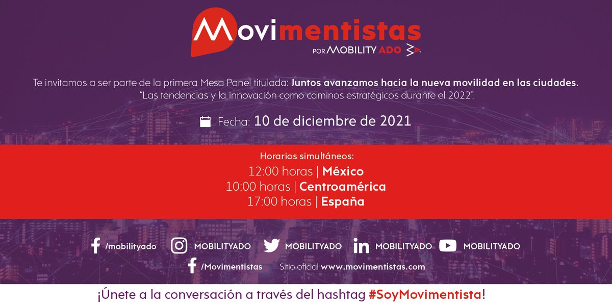 MOBILITYADO's tweet photo. Acompáñanos el próximo 10 de diciembre en nuestra #MesaPanel: Juntos avanzamos hacia la nueva movilidad en las ciudades. “Las tendencias y la innovación como caminos estratégicos durante el 2022” como parte del dialogo en torno a beneficios para la movilidad. https://t.co/vSdMWwxgcL