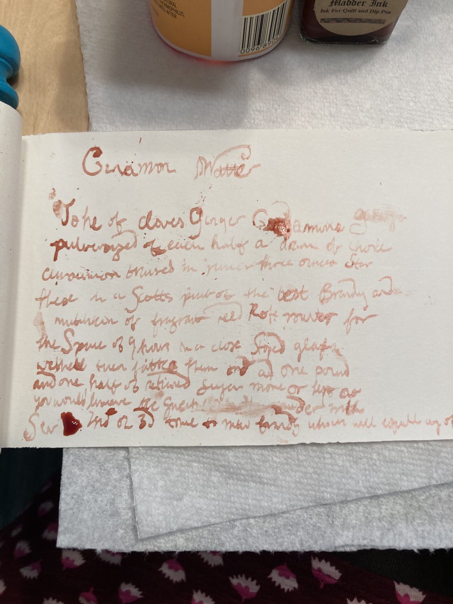 heatherfro's tweet photo. This week in my #EMROC undergrad research course w @Nicosia_Marissa @riehphy we shifted our focus from digital transcription to quill-based transcription of this recipe for Cinamon Watter (https://t.co/w6Aeoy9p8q)
admittedly I do not have a deep future as a scribe https://t.co/dAALJqzorp