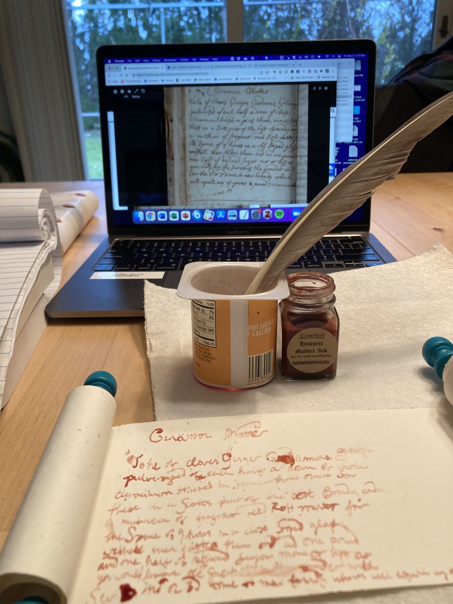 heatherfro's tweet photo. This week in my #EMROC undergrad research course w @Nicosia_Marissa @riehphy we shifted our focus from digital transcription to quill-based transcription of this recipe for Cinamon Watter (https://t.co/w6Aeoy9p8q)
admittedly I do not have a deep future as a scribe https://t.co/dAALJqzorp