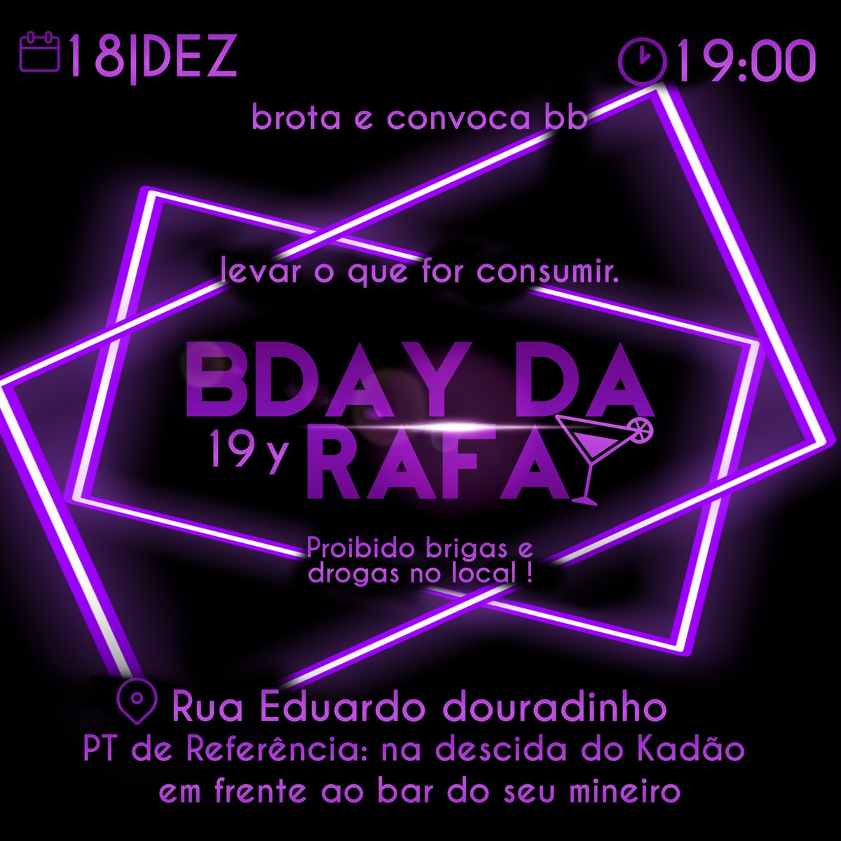 bruninhxbubu's tweet photo. 💜BDAY DA RAFA🥳 Brota e convoca geral 🤪
-
📍Rua Eduardo Douradinho. PT de R: Na descida do Kadão em frente ao bar do seu Mineiro.
🗓 18 | DEZ  ás  🕐 19:00 .
❌ PROIBIDO brigas e drogas no local ! ❌    / LEVAR O QUE FOR CONSUMIR 🥃. https://t.co/74XqJgMOgA