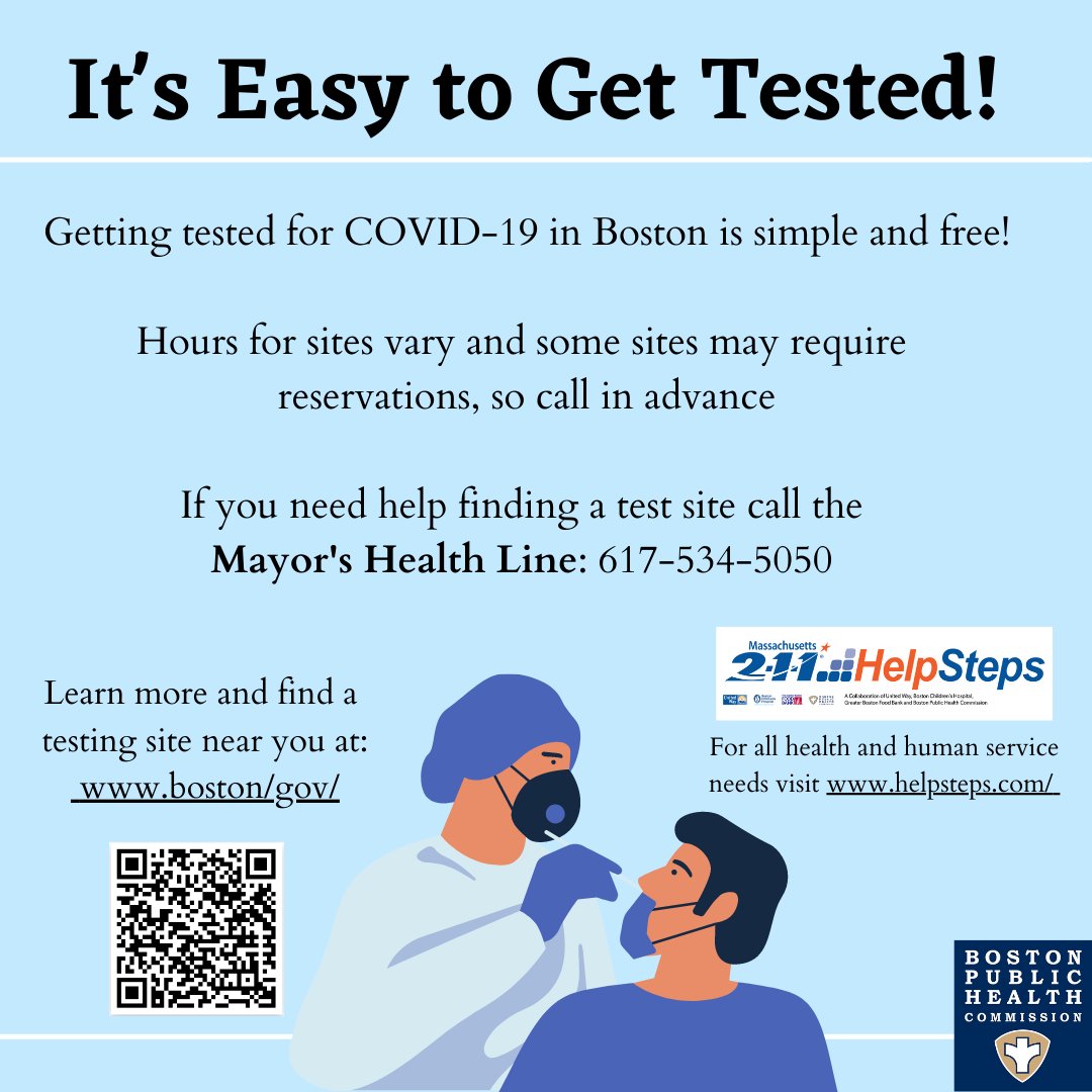 HealthyBoston's tweet photo. Call the #MayorsHealthLine if you need help finding a #COVID19 #TestingSites in #Boston. Call 617-534-5050. We are open Monday-Friday 9am-5pm. For all health and human service needs visit https://t.co/oCAkPU86FF #HelpSteps https://t.co/gIhidH4Fuu
