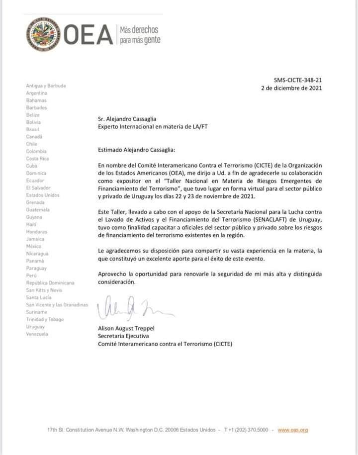 Gracias al Comité Interamericano Contra el Terrorismo (CICTE) de la Organización de Estados Americanos, por la invitación a tan excelente evento académico.