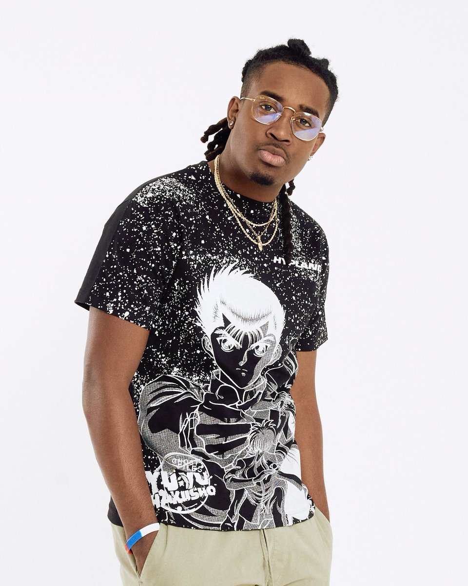 hypland's tweet photo. YuYu Hakusho glow in the dark all over print shirt. Modeled by @cochise 🧪 https://t.co/nvX2wzm4ts