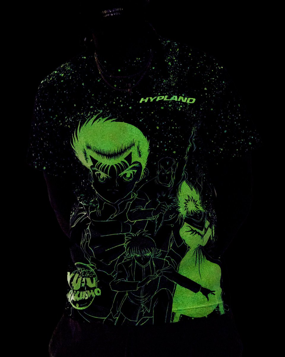 hypland's tweet photo. YuYu Hakusho glow in the dark all over print shirt. Modeled by @cochise 🧪 https://t.co/nvX2wzm4ts